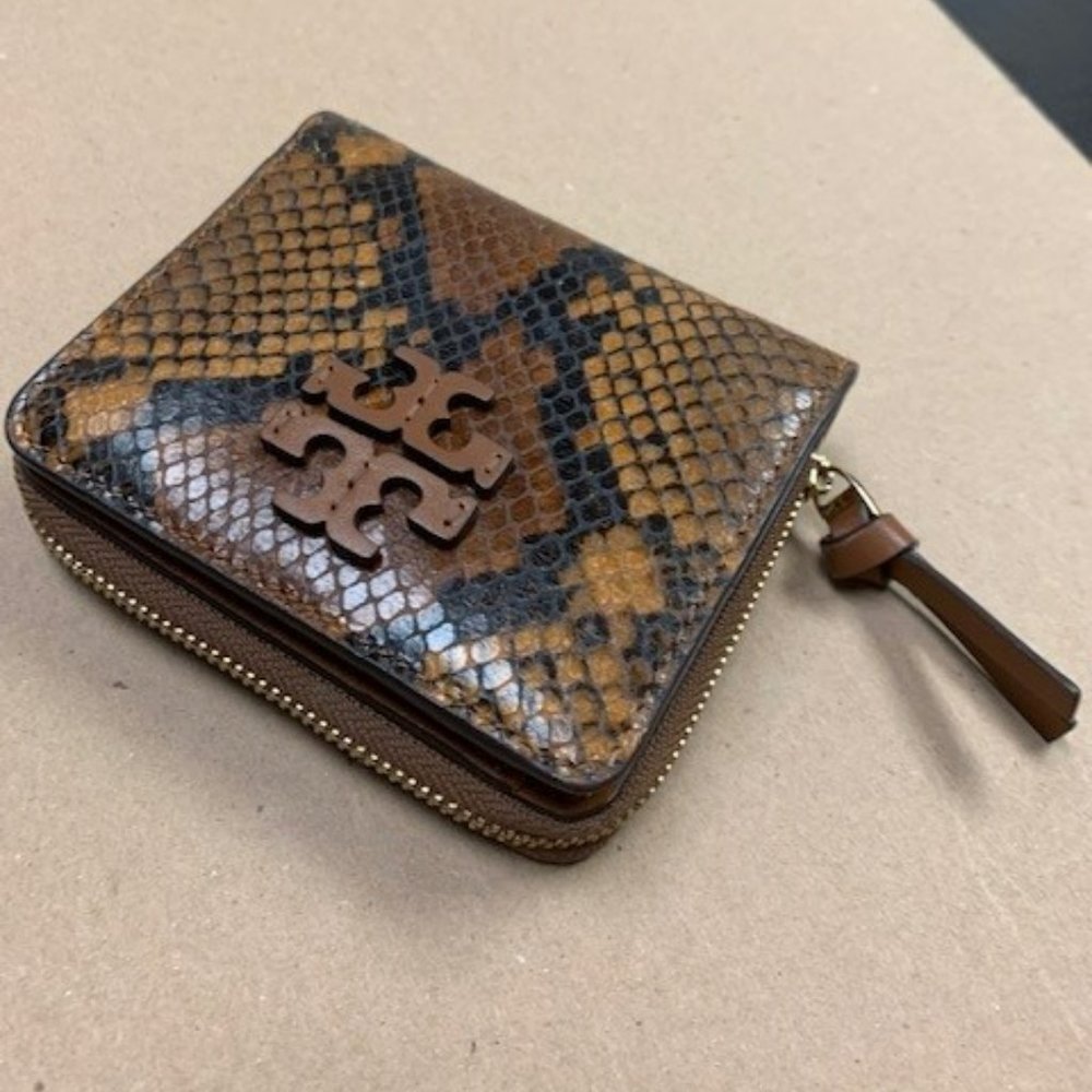 Tory Burch Leather Python Folding Wallet with Zipper